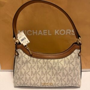 Michael Kors Beige Logo Canvas Shoulder Bag with Brown Trim